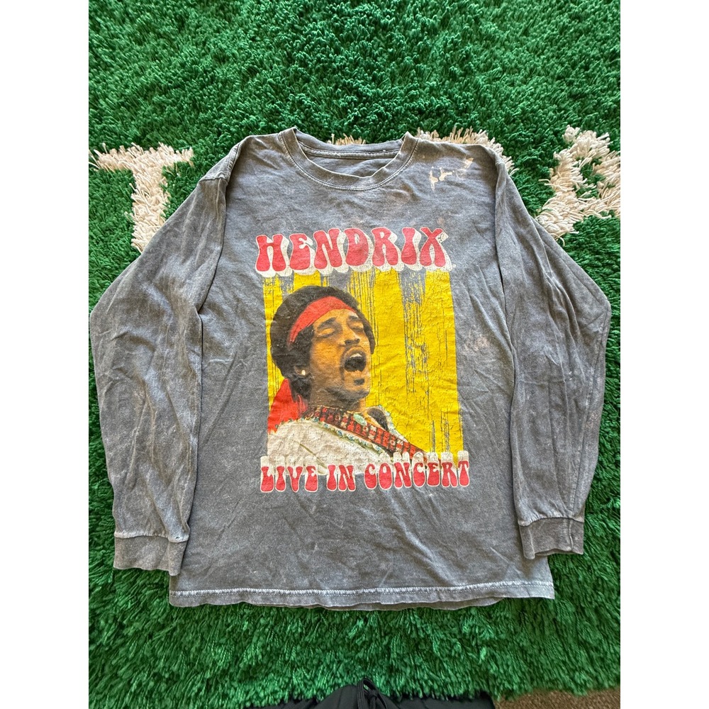 Jimi‎ Hendrix Graphic Long Sleeve Shirt Mens Medium Grey Good Live In Concert